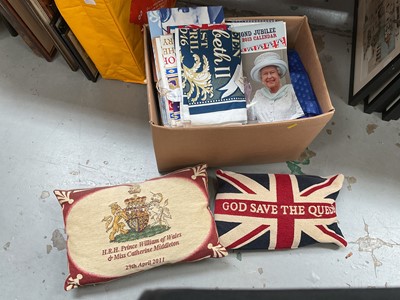 Lot 560 - Group of tea towels, cushions and other royal related items (1 box).