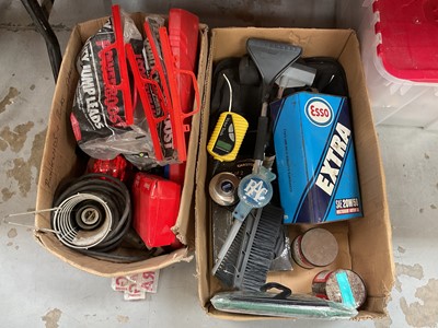 Lot 561 - Two boxes of assorted automobilia to include vintage RAC badge, tins, Snap On tool bag, jump leads and sundries (2 boxes).