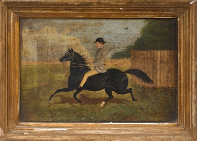 Lot 997 - Two 19th century English Naive School oils on canvas - A Young Man and his Black Pony, 18.5cm x 27.5cm and 19cm x 28.5cm, in gilt frames