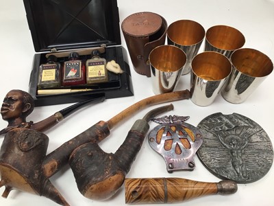 Lot 370 - Novelty wooden pipe in the form of a collapsible champagne bottle, other pipes, plated travelling cups in leather case and other items