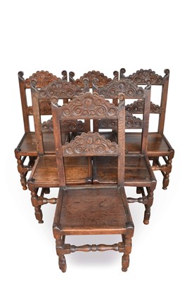 Lot 1348 - Set of six 17th century oak Derbyshire chairs