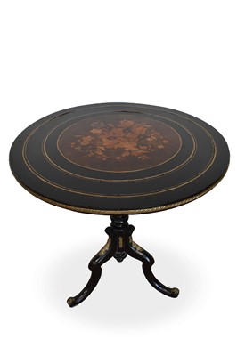 Lot 1352 - 19th century ebonised and marquetry tilt top table