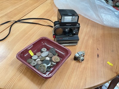 Lot 565 - Crown miniature camera, Polaroid camera and group of coins.