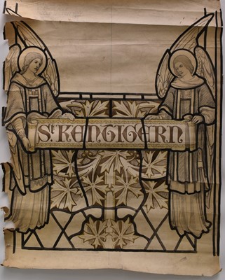 Lot 1220 - Pre-Raphaelite stained glass designs on paper for James Powell & Sons, the first for Carlisle Cathedral, 'St Kentigern', 75cm x 65cm, the second for St Nicholas Leatherhead, 48cm x 51cm, bot...