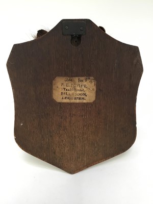 Lot 947 - Two 1970s Rowland Ward shields, one with a fox pad, the other with two fox brushes, named for the Essex Hunt September 1976