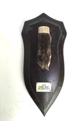 Lot 947 - Two 1970s Rowland Ward shields, one with a fox pad, the other with two fox brushes, named for the Essex Hunt September 1976