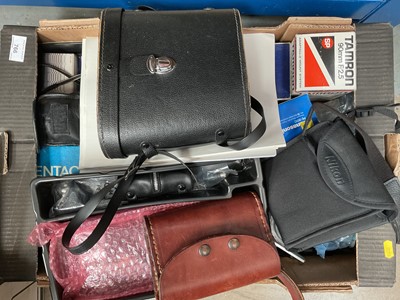 Lot 766 - Box of cameras, binoculars and lenses, and a box of stamps and East Anglian related books