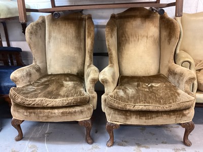 Lot 1391 - Pair of Georgian style wing back armchairs with velvet upholstery on carved cabriole front legs