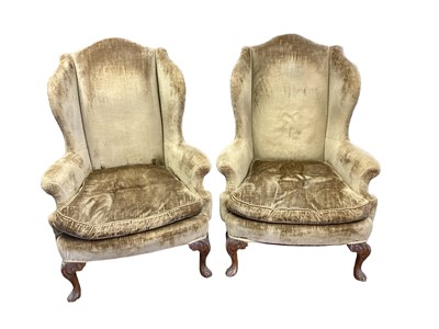 Lot 1395 - Pair of Georgian style wing back armchairs with velvet upholstery on carved cabriole front legs