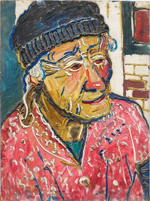 Lot 1225 - *Fred Yates (1922-2008) oil on board - Portrait of an Old Lady in a Woolly Hat, 61cm x 45.5cm, unframed