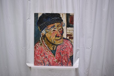 Lot 1225 - *Fred Yates (1922-2008) oil on board - Portrait of an Old Lady in a Woolly Hat, 61cm x 45.5cm, unframed