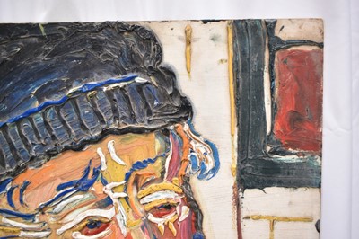 Lot 1225 - *Fred Yates (1922-2008) oil on board - Portrait of an Old Lady in a Woolly Hat, 61cm x 45.5cm, unframed
