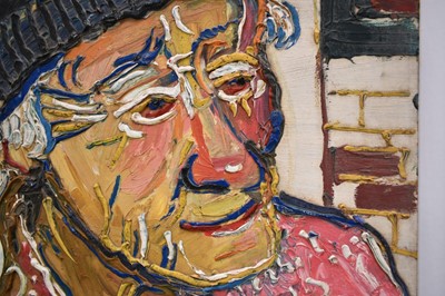 Lot 1225 - *Fred Yates (1922-2008) oil on board - Portrait of an Old Lady in a Woolly Hat, 61cm x 45.5cm, unframed