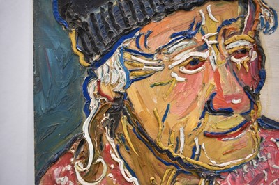 Lot 1225 - *Fred Yates (1922-2008) oil on board - Portrait of an Old Lady in a Woolly Hat, 61cm x 45.5cm, unframed