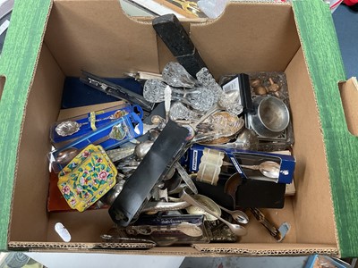 Lot 578 - Group of assorted souvenir spoons, waterman pens, silver and mother of pearl fruit knife and sundries