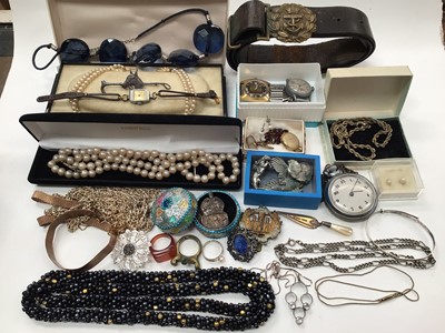 Lot 1109 - Group of silver and costume jewellery, military belt, silver and mother of pearl trowel bookmark, pocket watch and bijouterie