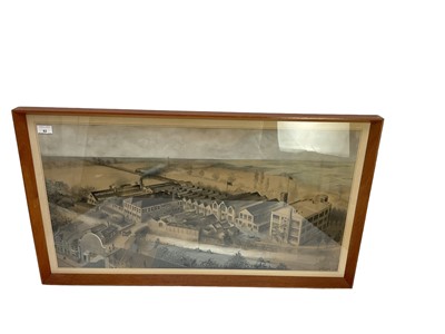 Lot 82 - George W. Bromwich, ink and watercolour of the Elliot Brothers (London) century works factory, signed and dated 1919, mounted in a glazed frame, image 85 x 45cm.