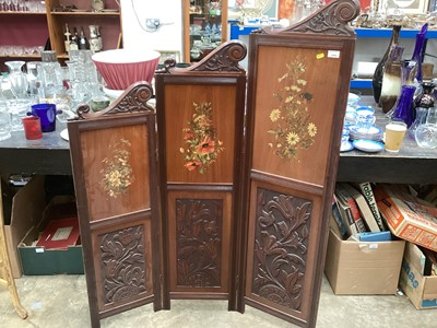 Lot 1409 - Late Victorian walnut three fold dressing screen with painted floral decoration, 166.5cm wide, 142cm high