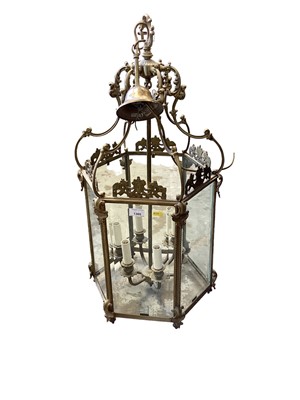 Lot 1360 - Pair of large brass hexagonal hall lantern