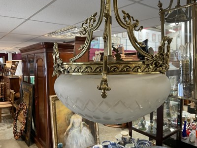 Lot 1415 - Frosted glass and gilt metal hall lantern, with cut glass hemispherical shade, approximately 46cm high, together a hexagonal glass hall lantern. (2)