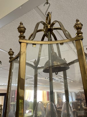Lot 1415 - Frosted glass and gilt metal hall lantern, with cut glass hemispherical shade, approximately 46cm high, together a hexagonal glass hall lantern. (2)
