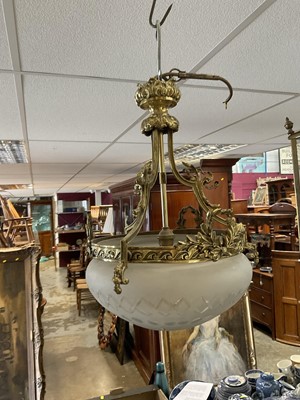 Lot 1415 - Frosted glass and gilt metal hall lantern, with cut glass hemispherical shade, approximately 46cm high, together a hexagonal glass hall lantern. (2)