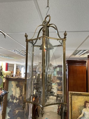 Lot 1415 - Frosted glass and gilt metal hall lantern, with cut glass hemispherical shade, approximately 46cm high, together a hexagonal glass hall lantern. (2)