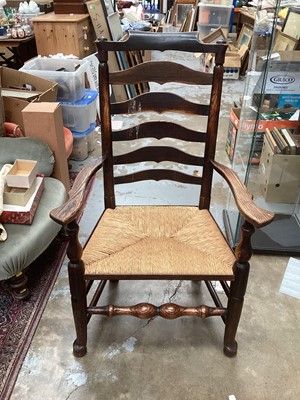 Lot 1416 - 18th century oak ladderback chair with rush seat