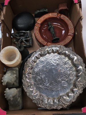 Lot 374 - Silver plated card tray, small bronze female figure sculpture, pair of carved soapstone foo dogs, carved wood base, large pottery ashtray, brass lamp base and sundries