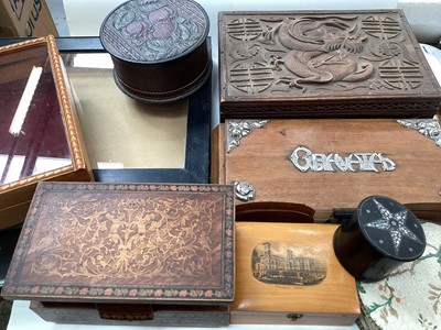 Lot 375 - Group of wooden jewellery/ bijouterie boxes, Mauchline ware box and two glazed display cases