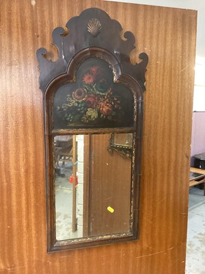 Lot 1422 - Antique mahogany wall mirror with floral painted panel, 38cm wide, 83.5cm high