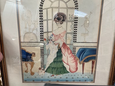 Lot 421 - 19th century English naive school watercolour and cut paper study of a lady in an interior scene, 36.5 x 31cm, mounted in glazed frame.