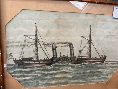 Lot 136 - 19th century American naive school watercolour of a paddle steamer, the Robert E. Lee, signed Wren, mounted in a glazed gilt frame.