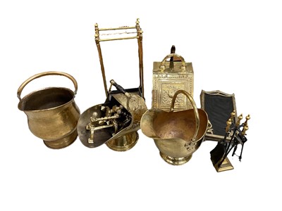 Lot 776 - Group of brassware, including coal scuttles, fire tools, stick stand, etc