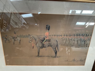 Lot 622 - Early 20th century English school pencil and pastel on paper, The Changing of the Guard, Guards on horseback. Initialled lower right Monogrammed HTC, Approx. 15" x 23"