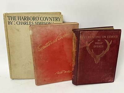 Lot 895 - Three sporting volumes: The Harboro' Country by Charles Simpson 1927, Scattered Scarlet illustrated by Lionel Edwards and Stag Hunting on Exmoor by Philip Evered 1902 (3)