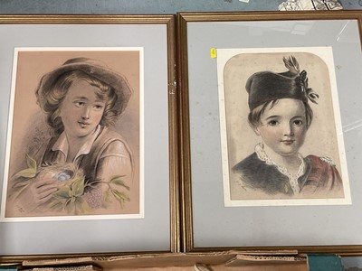 Lot 788 - A pair of Victorian pencil and chalk portraits of children, together with a group of Masons and other pottery