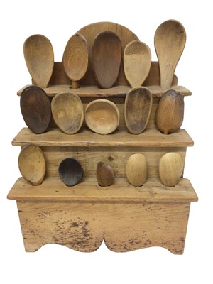 Lot 851 - Antique pine spoon rack and collection of spoons