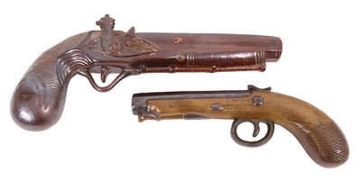 Lot 151 - Two 19th century salt glaze spirit flasks in the form of pistols