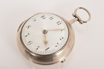 Lot 550 - George III silver pair-cased pocket watch with fusee movement and verge escapement by Edward Lamer, London, square baluster pillars, in a pair of silver cases, both hallmarked London 1775, case...