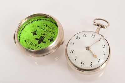Lot 550 - George III silver pair-cased pocket watch with fusee movement and verge escapement by Edward Lamer, London, square baluster pillars, in a pair of silver cases, both hallmarked London 1775, case...