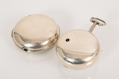 Lot 550 - George III silver pair-cased pocket watch with fusee movement and verge escapement by Edward Lamer, London, square baluster pillars, in a pair of silver cases, both hallmarked London 1775, case...