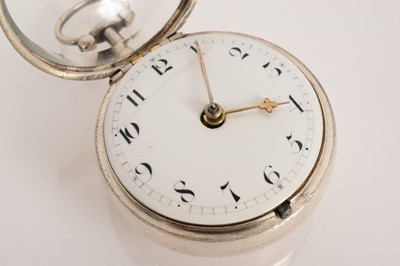 Lot 550 - George III silver pair-cased pocket watch with fusee movement and verge escapement by Edward Lamer, London, square baluster pillars, in a pair of silver cases, both hallmarked London 1775, case...