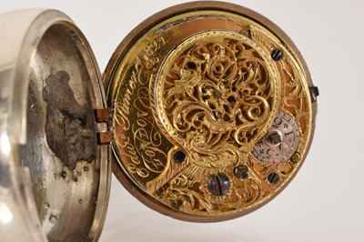 Lot 550 - George III silver pair-cased pocket watch with fusee movement and verge escapement by Edward Lamer, London, square baluster pillars, in a pair of silver cases, both hallmarked London 1775, case...