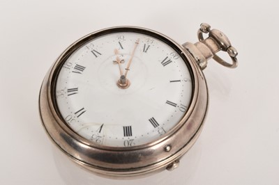 Lot 551 - George III silver pair-cased pocket watch with fusee movement and verge escapement by William Fenton, Newcastle, with finely engraved balance cock and cannon barrel pillars, in a pair of silver...