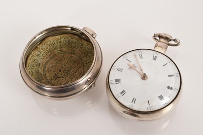 Lot 551 - George III silver pair-cased pocket watch with fusee movement and verge escapement by William Fenton, Newcastle, with finely engraved balance cock and cannon barrel pillars, in a pair of silver...