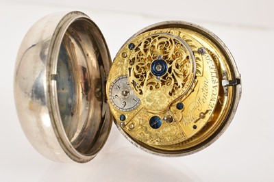Lot 551 - George III silver pair-cased pocket watch with fusee movement and verge escapement by William Fenton, Newcastle, with finely engraved balance cock and cannon barrel pillars, in a pair of silver...
