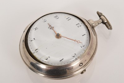 Lot 552 - George III silver pair-cased pocket watch with fusee movement and verge escapement by Jinkinson, Doncaster, the movement with finely engraved balance cock and cannon barrel pillars, in a pair of...