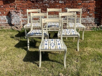 Lot 1372 - Set of six Regency style painted sabre leg dining chairs, with slip in seats