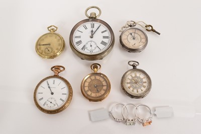 Lot 554 - Group of six antique pocket watches to include a Goliath pocket watch, a gold cased fob watch, two Swiss silver fob watches and two American pocket watches (6)